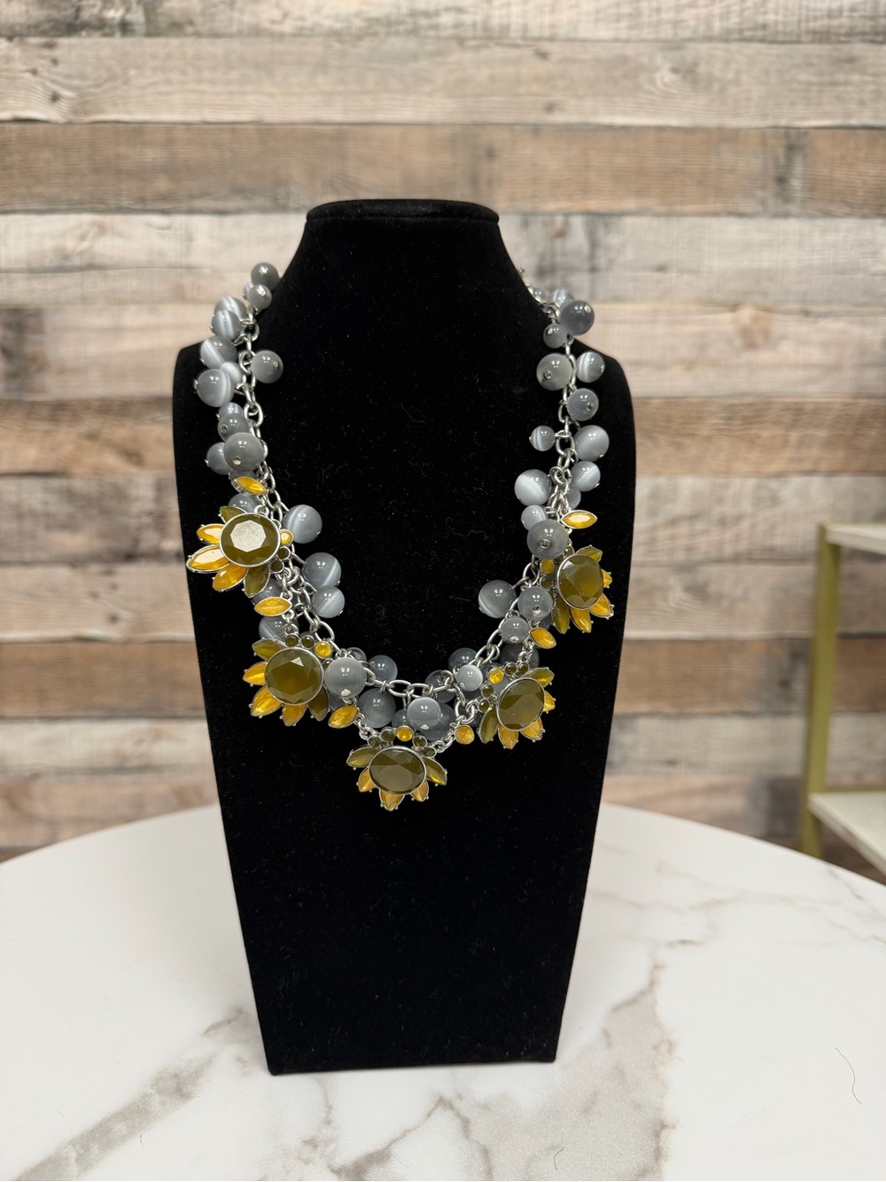 Talbots grey with sun flower beaded necklace OS